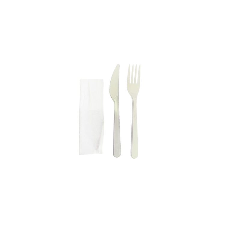 Set tacamuri furculita si cutit reutilizabile cu servetel alb, 100 buc/set