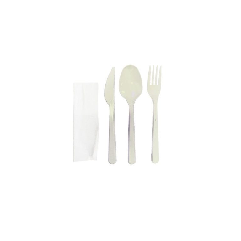 Set tacamuri lingura, furculita si cutit reutilizabile cu servetel alb, 100 buc/set